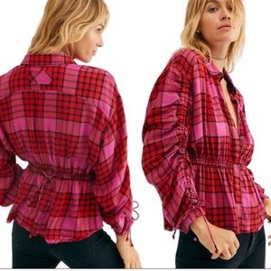 Free people red pink plaid combo plaid top NWT